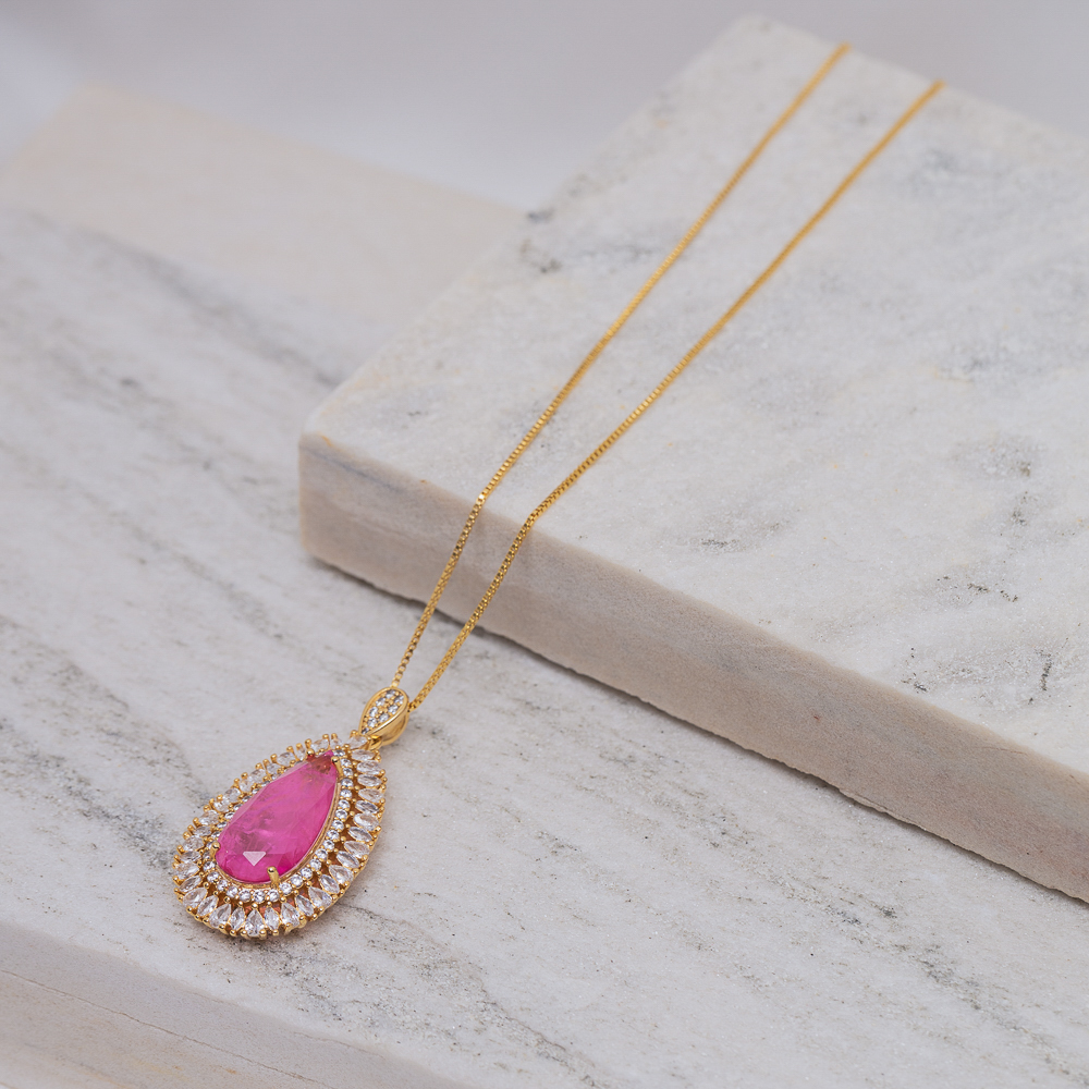 COLAR GOTA COM ZIRCÔNIAS E PEDRA PINK M BANHO OURO 18K