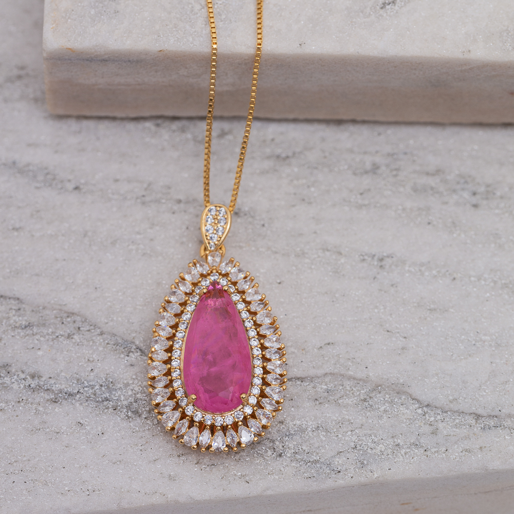 COLAR GOTA COM ZIRCÔNIAS E PEDRA PINK M BANHO OURO 18K