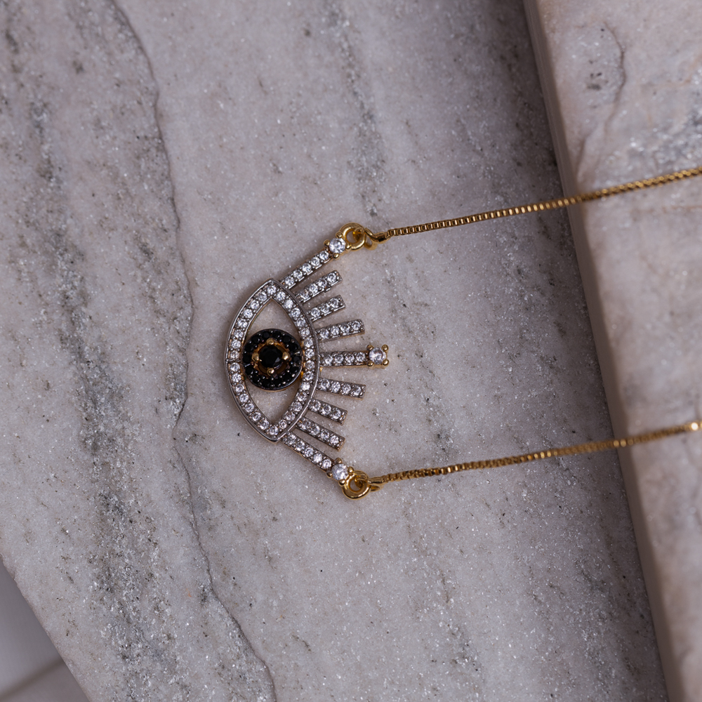 COLAR OLHO GREGO CRAVEJADO E COM CANETA RÓDIO BRANCO BANHO OURO 18K
