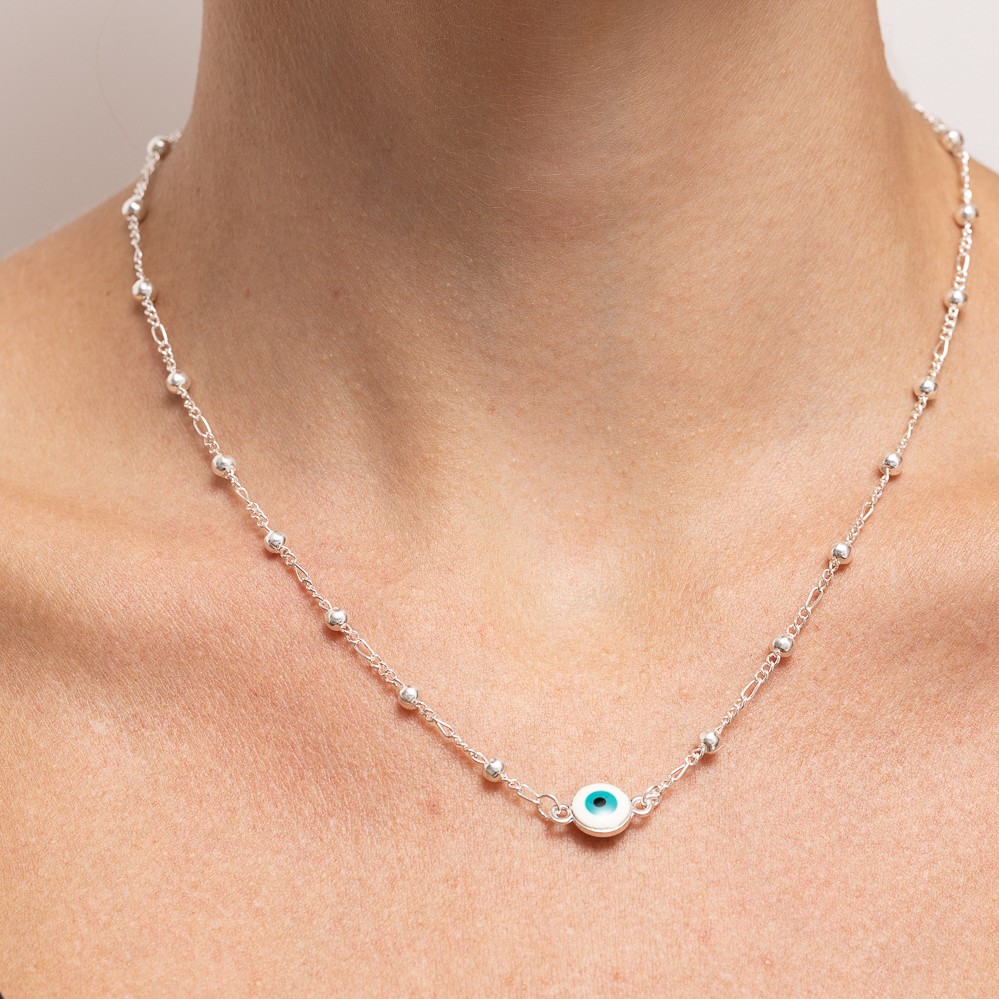 COLAR OLHO GREGO AZUL BANHO PRATA