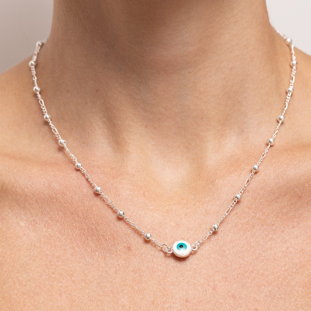 COLAR OLHO GREGO AZUL BANHO PRATA