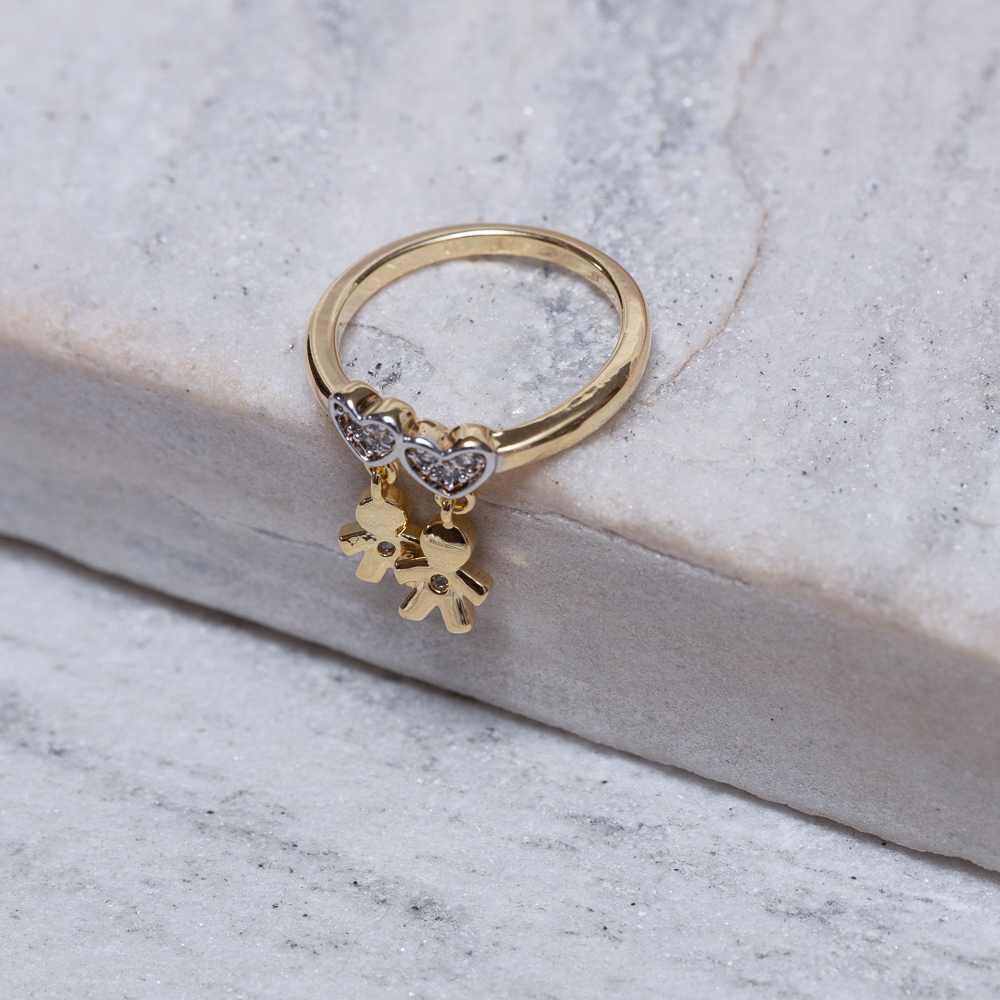 ANEL FILHOS DOIS MENINOS DOIS CORAÇÕES BANHO OURO 18K