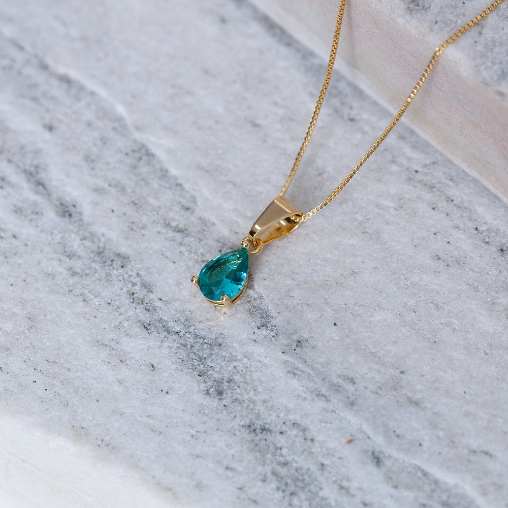 COLAR PONTO DE LUZ GOTINHA VERDE TIFFANY BANHO OURO 18K