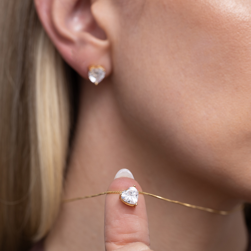 CONJUNTO CORAÇÃO PONTO DE LUZ CRISTAL BANHO OURO 18K