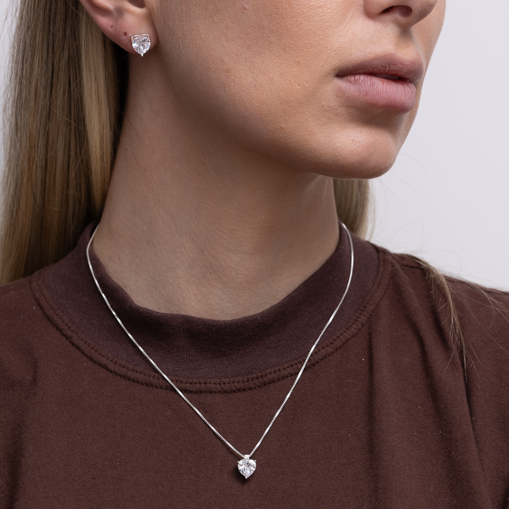 CONJUNTO CORAÇÃO PONTO DE LUZ CRISTAL BANHO PRATA