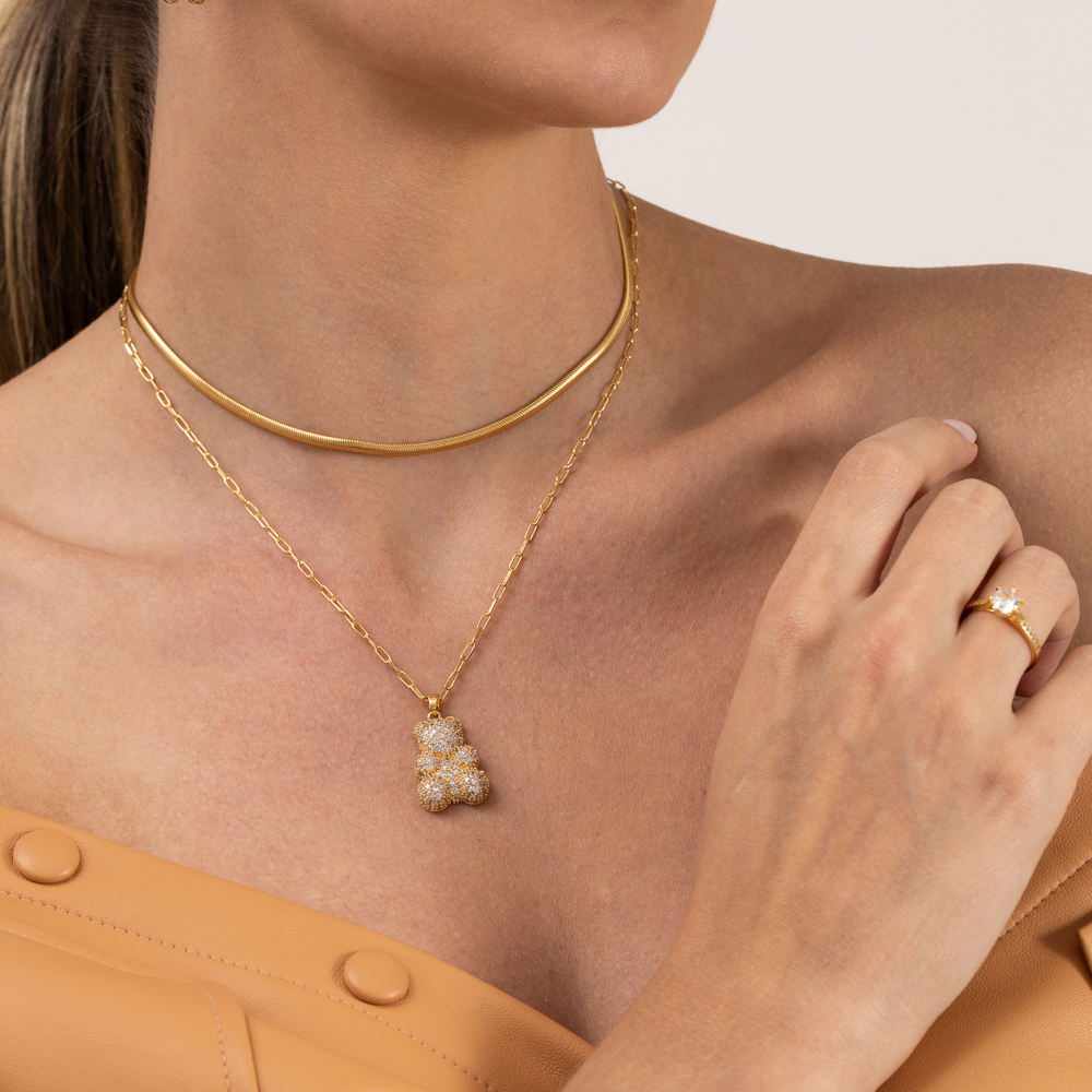 COLAR ELOS CARTIER URSO CRAVEJADO COM ZIRCÔNIAS BANHO OURO 18K