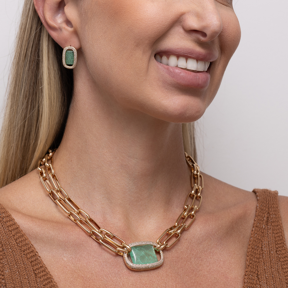 CONJUNTO ELOS COM PEDRA VERDE TIFFANY GRANDE BANHO OURO 18K