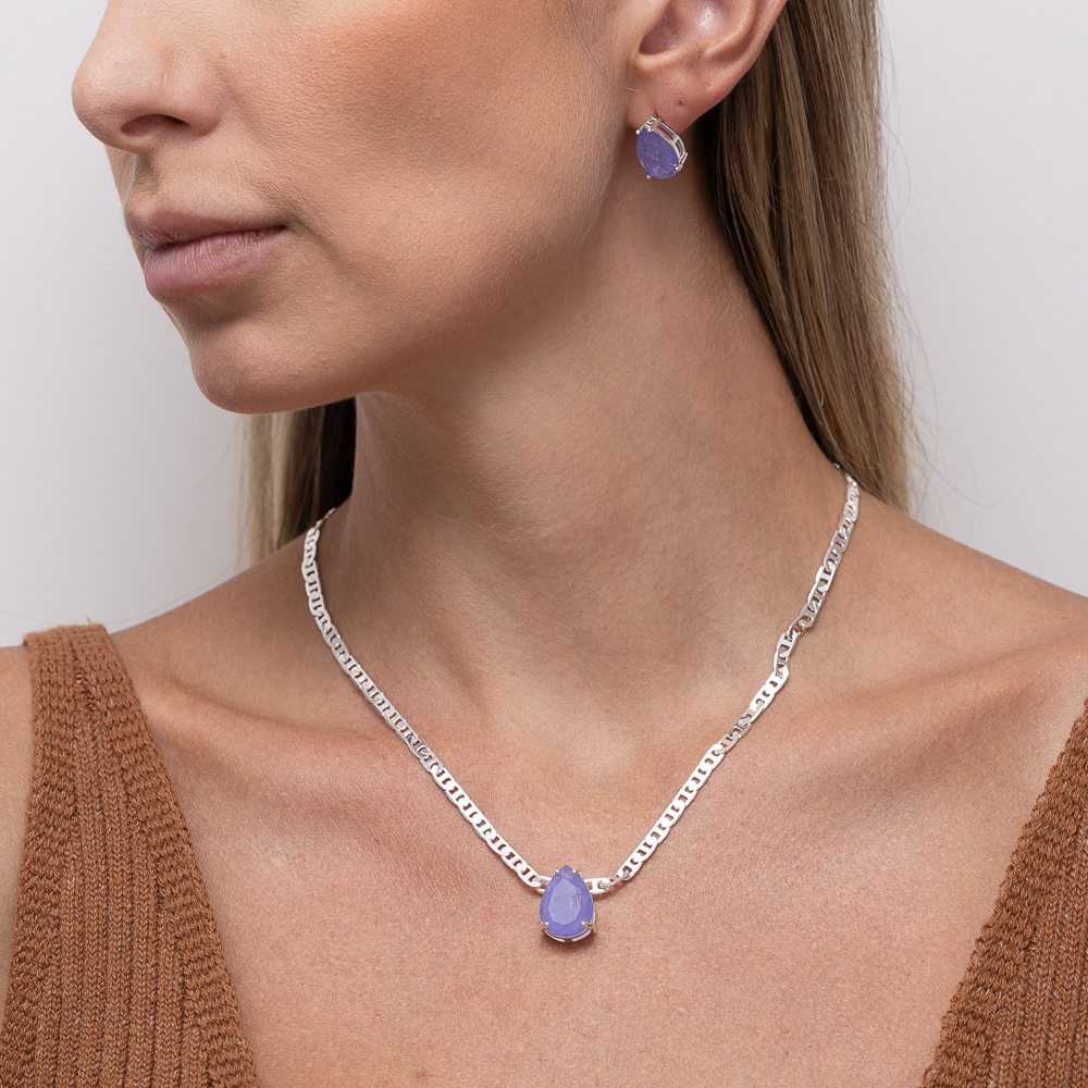 CONJUNTO GOTA CRISTAL LILÁS CORRENTE PIASTRINE BANHO PRATA