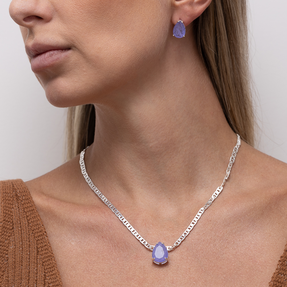 CONJUNTO GOTA CRISTAL LILÁS CORRENTE PIASTRINE BANHO PRATA