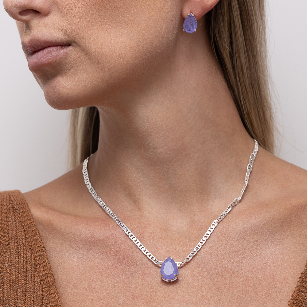 CONJUNTO GOTA CRISTAL LILÁS CORRENTE PIASTRINE BANHO PRATA