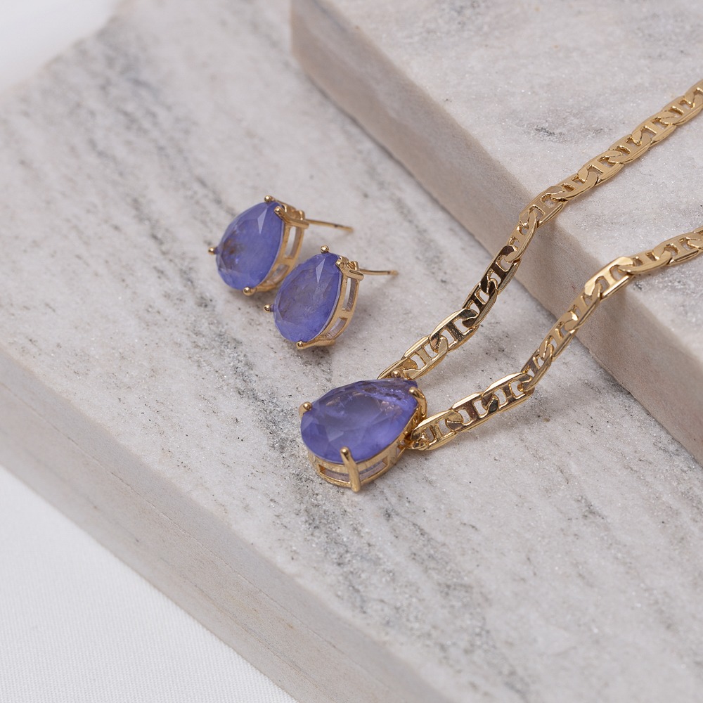 CONJUNTO GOTA CRISTAL ROXA CORRENTE PIASTRINE BANHO OURO 18K