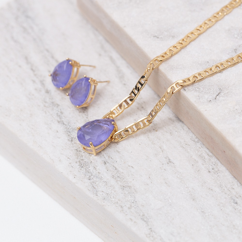 CONJUNTO GOTA CRISTAL ROXA CORRENTE PIASTRINE BANHO OURO 18K