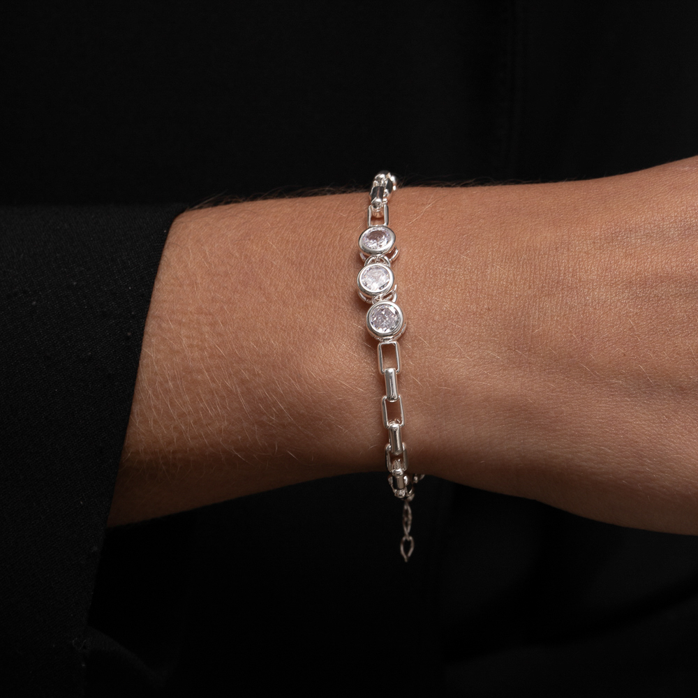 PULSEIRA ELOS CARTIER COM PEDRAS REDONDAS BANHO PRATA