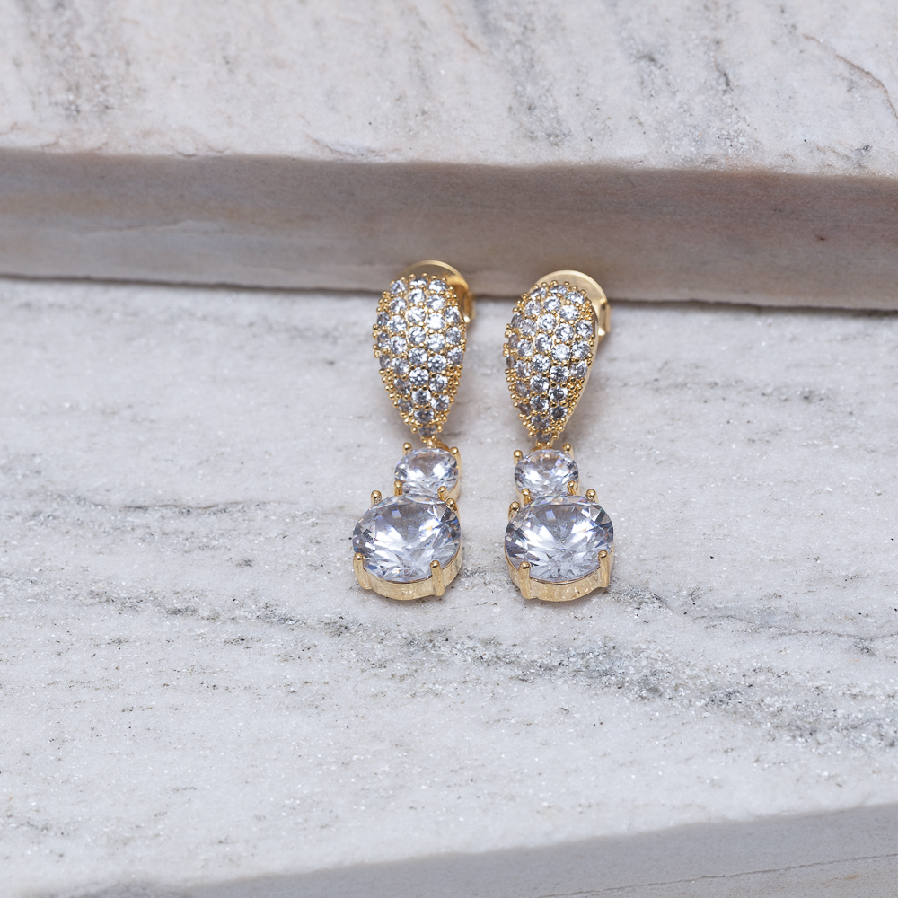 BRINCO GOTA CRAVEJADAS E COM CRISTAIS BANHO OURO 18K