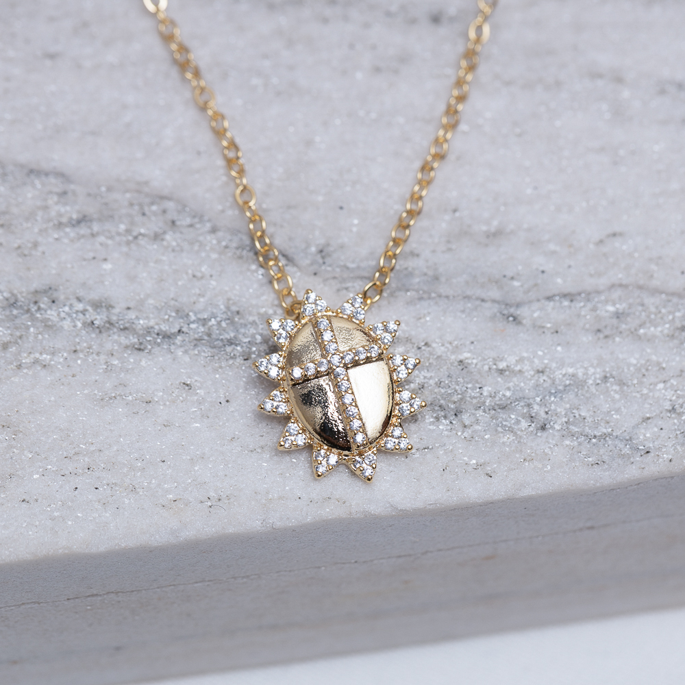 COLAR CORRENTE DUPLA COM PÉROLA E CRUZ BANHO OURO 18K