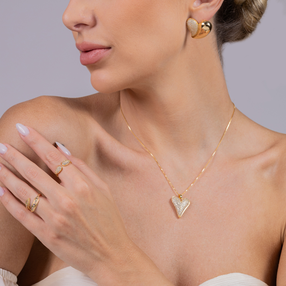 COLAR CORAÇÃO PUFFER CRAVEJADO BANHO OURO 18K