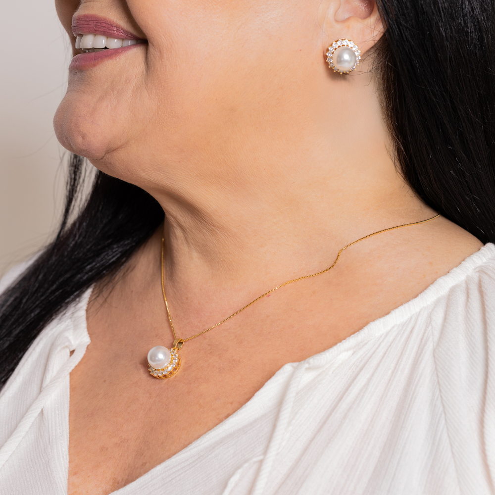 CONJUNTO PÉROLA G COM ZIRCÔNIAS BANHO OURO 18K