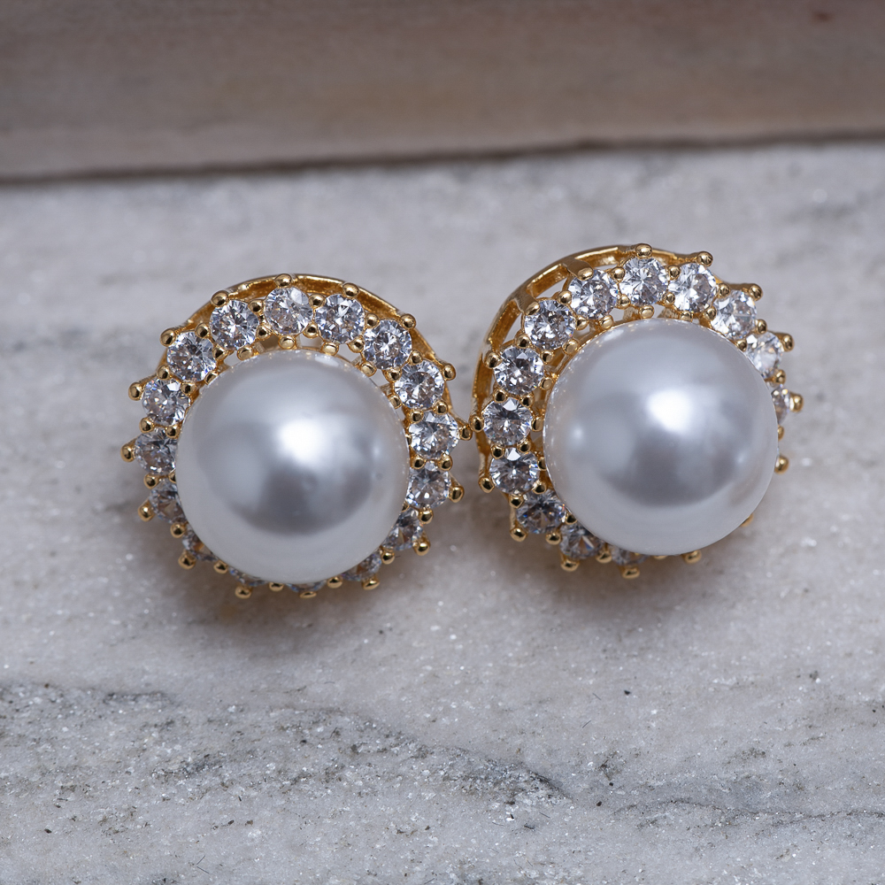 CONJUNTO PÉROLA G COM ZIRCÔNIAS BANHO OURO 18K