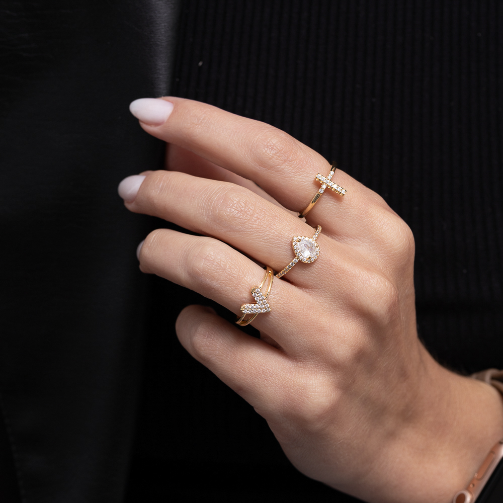 ANEL ARO DUPLO COM CORAÇÃO CRAVEJADO BANHO OURO 18K