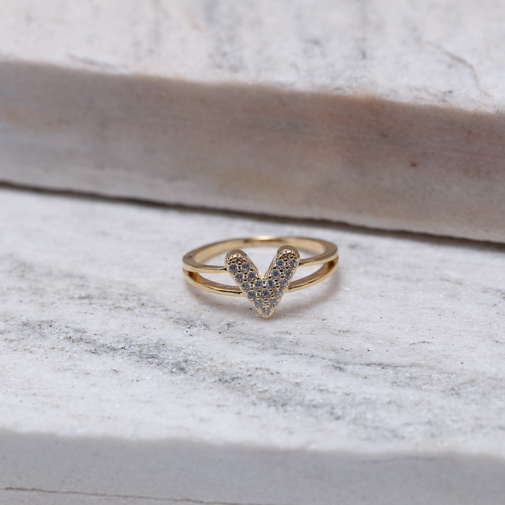 ANEL ARO DUPLO COM CORAÇÃO CRAVEJADO BANHO OURO 18K