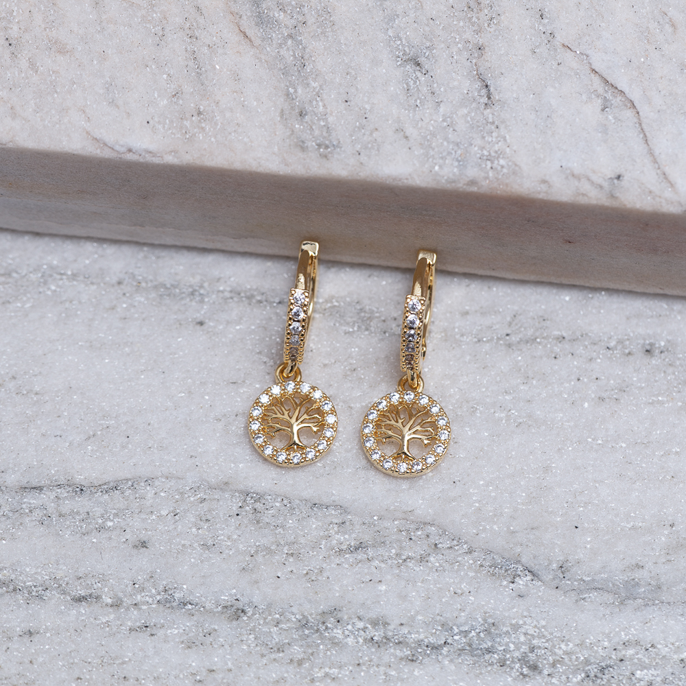 BRINCO ARGOLINHA ÁRVORE DA VIDA COM ZIRCÔNIAS BANHO OURO 18K