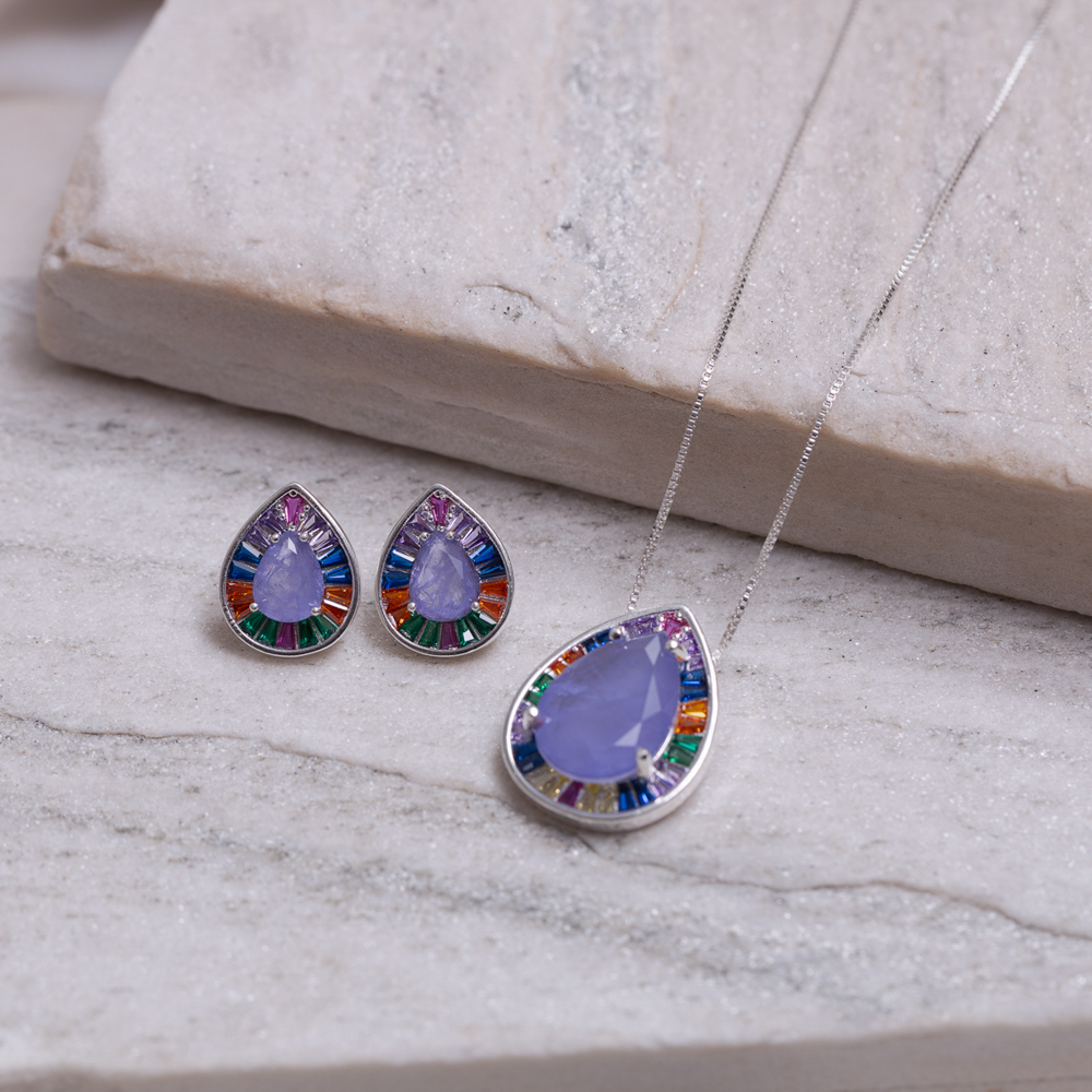 CONJUNTO COM PEDRAS COLORIDAS E GOTA LILÁS BANHO PRATA