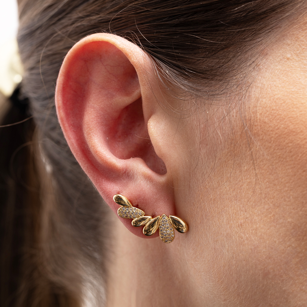 BRINCO EAR CUFF FOLHAS LISAS E CRAVEJADAS BANHO OURO 18K