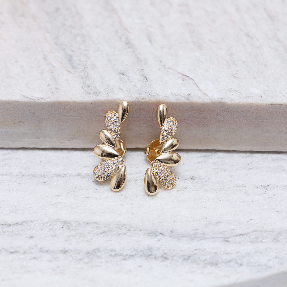 BRINCO EAR CUFF FOLHAS LISAS E CRAVEJADAS BANHO OURO 18K