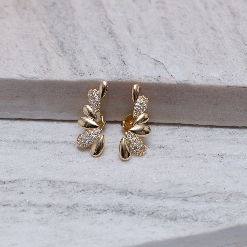 BRINCO EAR CUFF FOLHAS LISAS E CRAVEJADAS BANHO OURO 18K