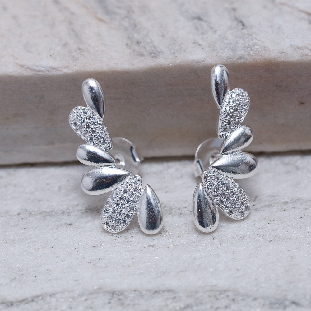 BRINCO EAR CUFF FOLHAS LISAS E CRAVEJADAS BANHO PRATA