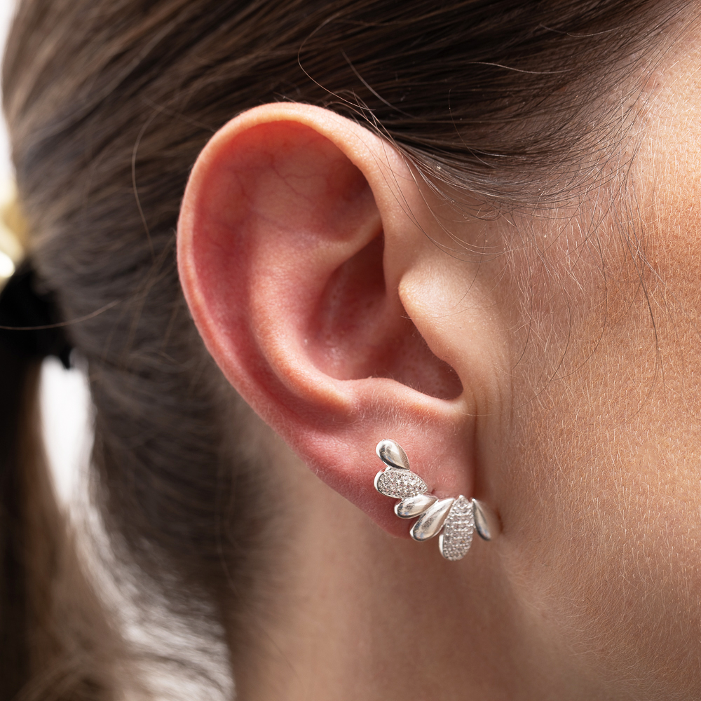 BRINCO EAR CUFF FOLHAS LISAS E CRAVEJADAS BANHO PRATA