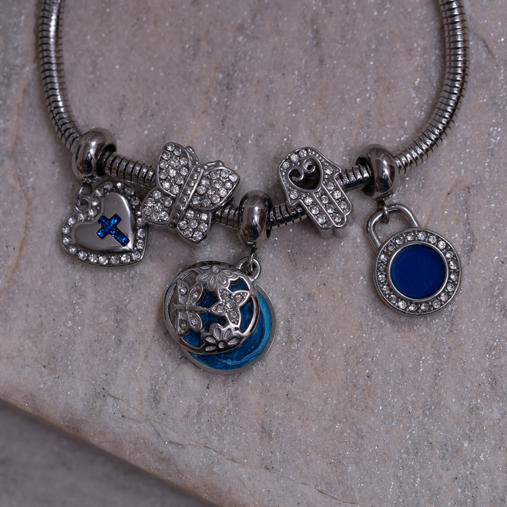 PULSEIRA 5 BERLOQUES COM BORBOLETA E MADREPÉROLA AZUL ESCURO 18CM AÇO INOX