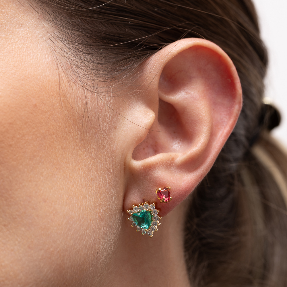 BRINCO CORAÇÃO G COM PEDRA VERDE TIFFANY BANHO OURO 18K
