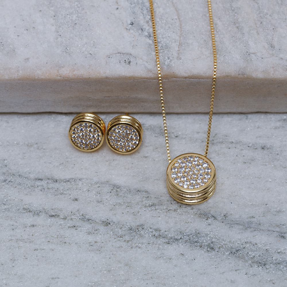 CONJUNTO CÍRCULO CRAVEJADO BANHO OURO 18K