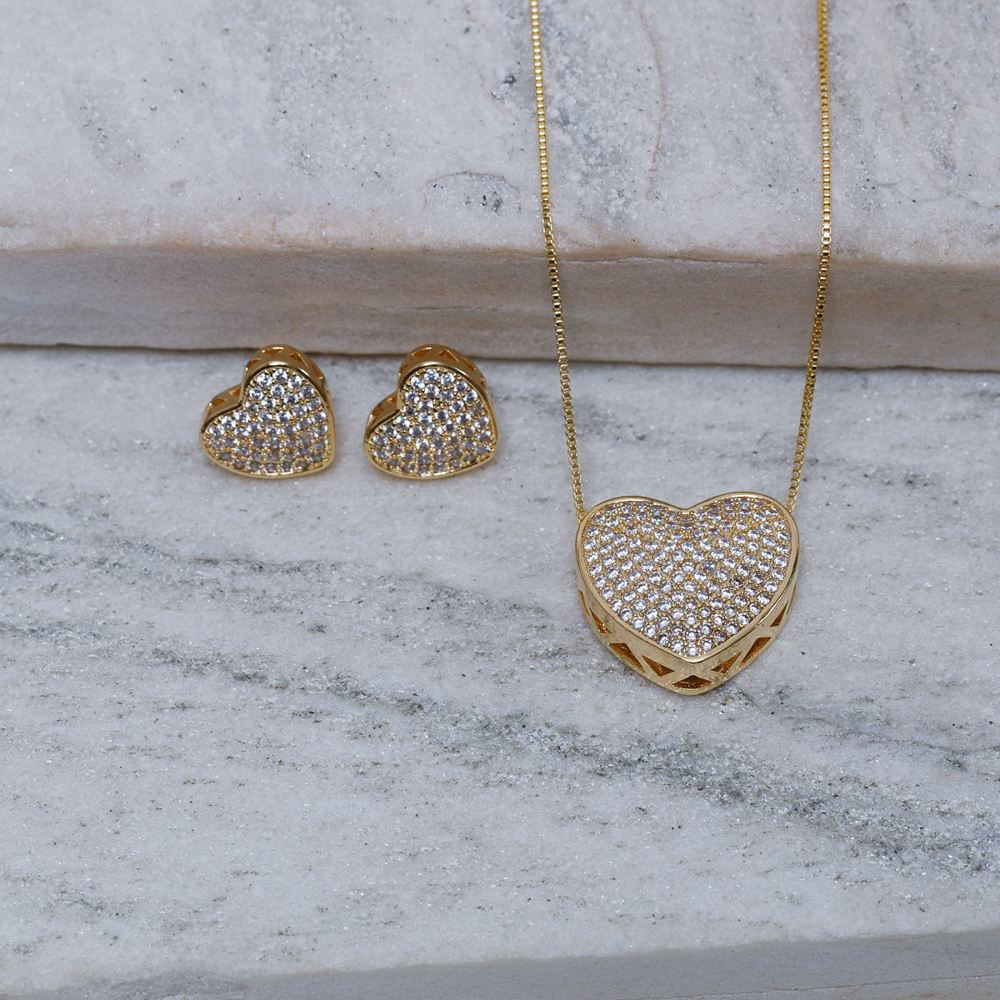 CONJUNTO CORAÇÃO CRAVEJADO BANHO OURO 18K