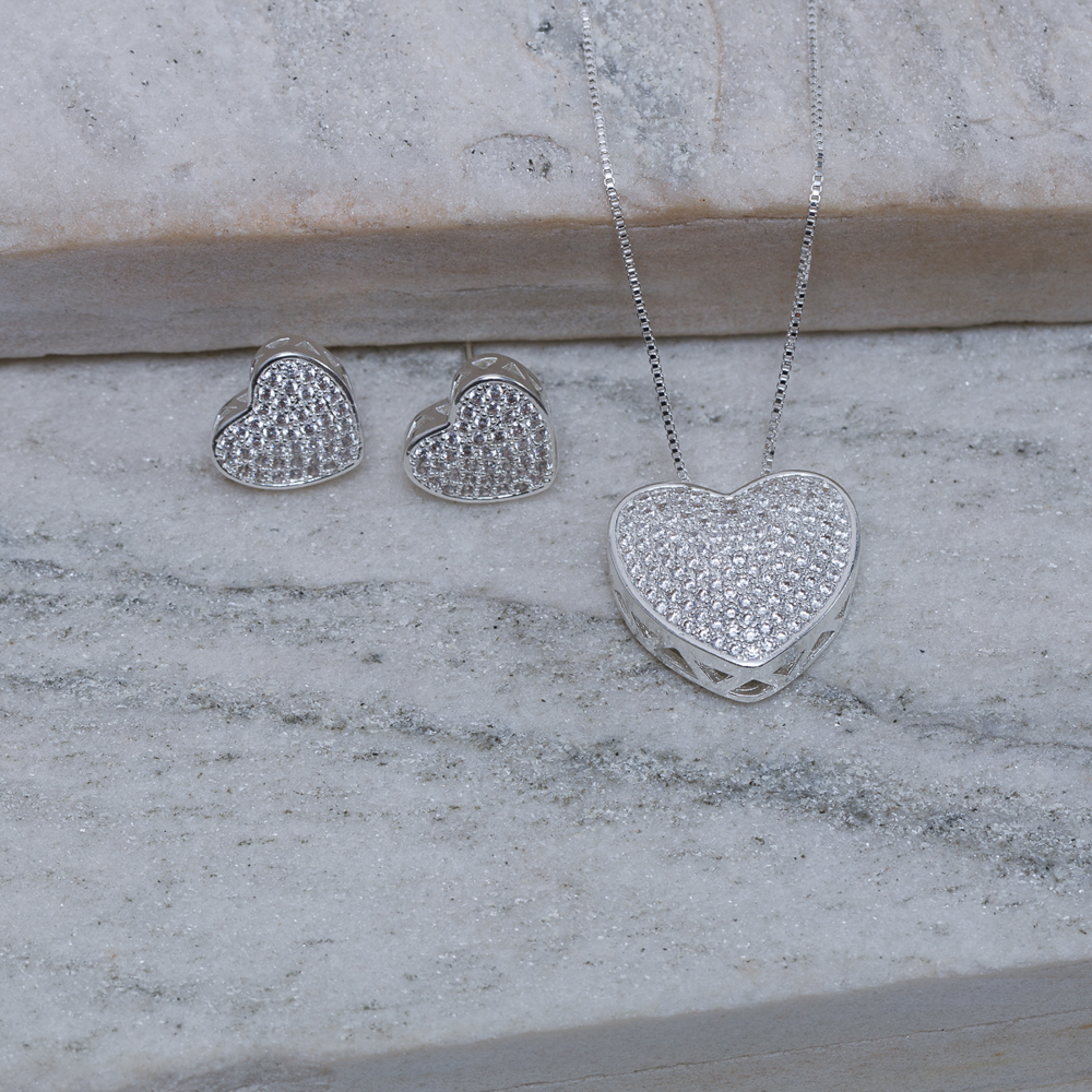 CONJUNTO CORAÇÃO CRAVEJADO BANHO PRATA