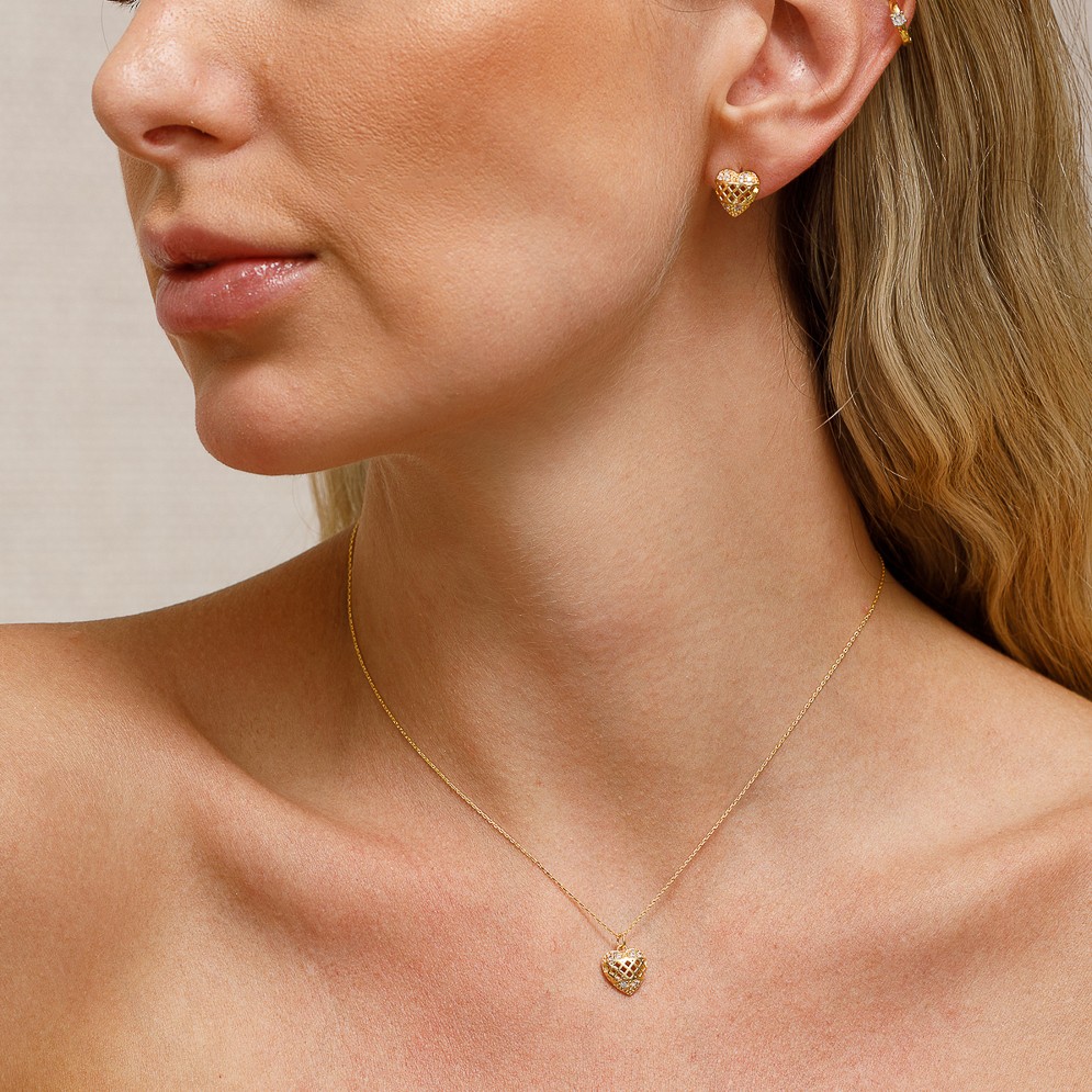 CONJUNTO CORAÇÃO VAZADO CRAVEJADO BANHO OURO 18K