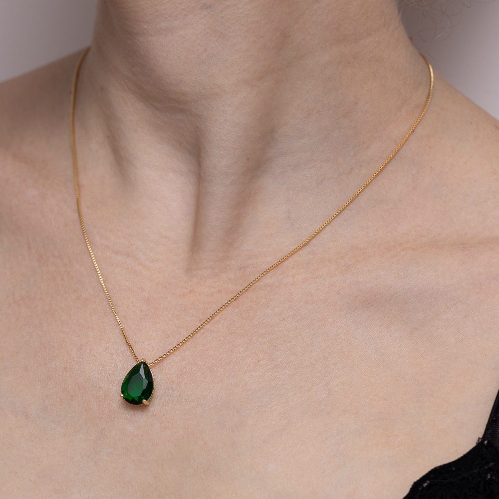CONJUNTO GOTA COM PEDRA VERDE ESMERALDA BANHO OURO 18K
