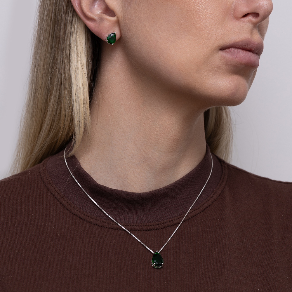 CONJUNTO GOTA COM PEDRA VERDE ESMERALDA BANHO PRATA
