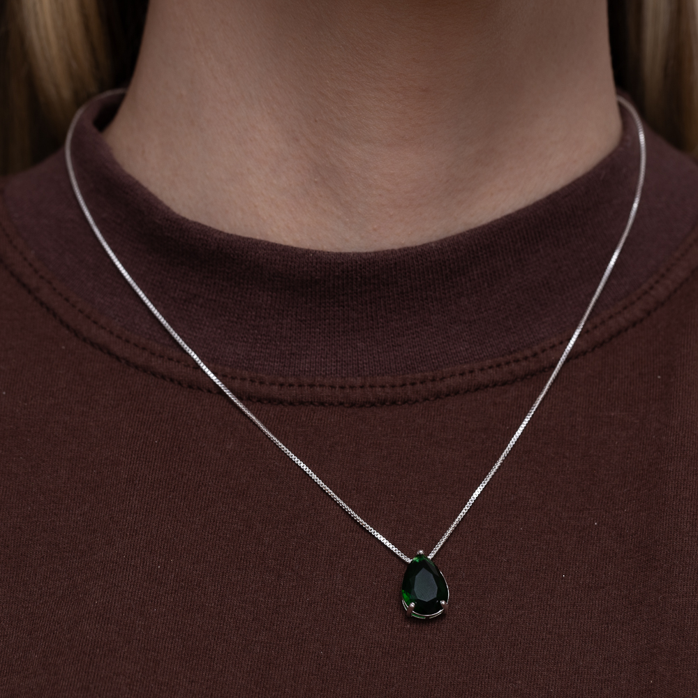 CONJUNTO GOTA COM PEDRA VERDE ESMERALDA BANHO PRATA
