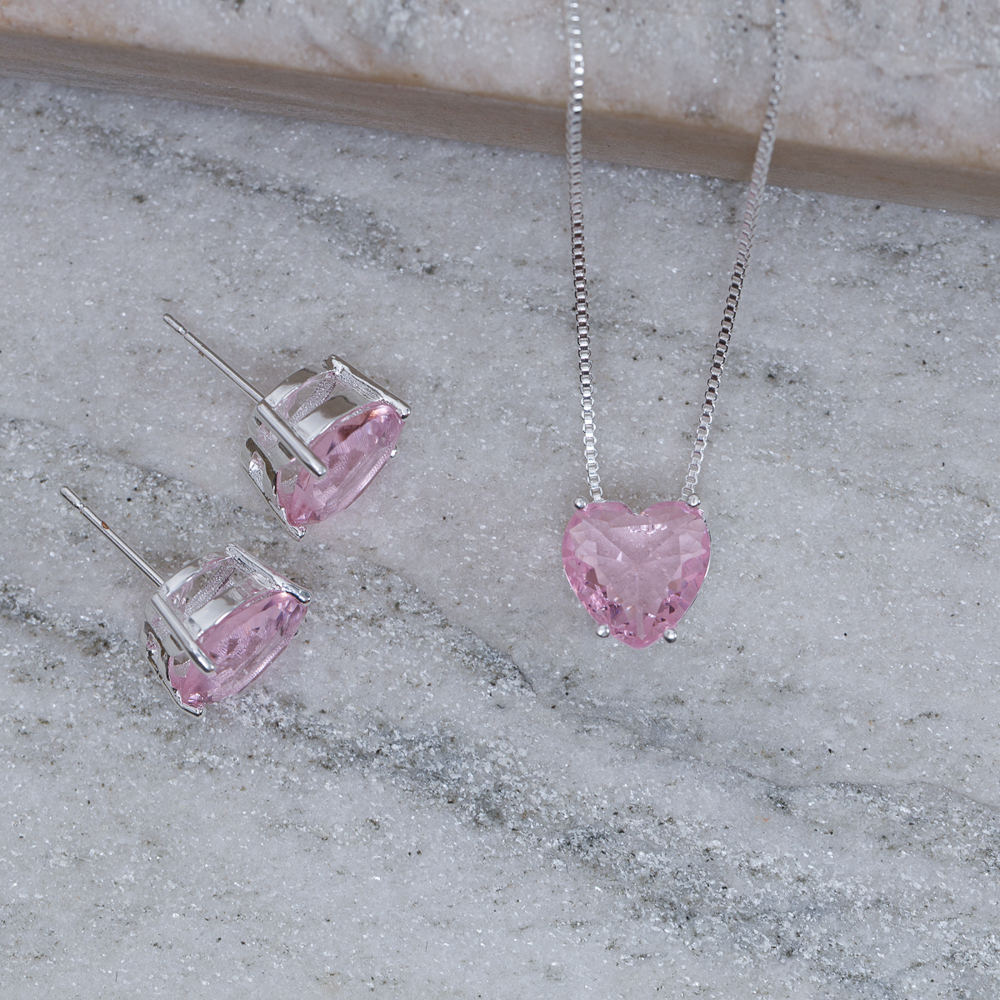 CONJUNTO CORAÇÃO PONTO DE LUZ ROSA CLARO BANHO PRATA