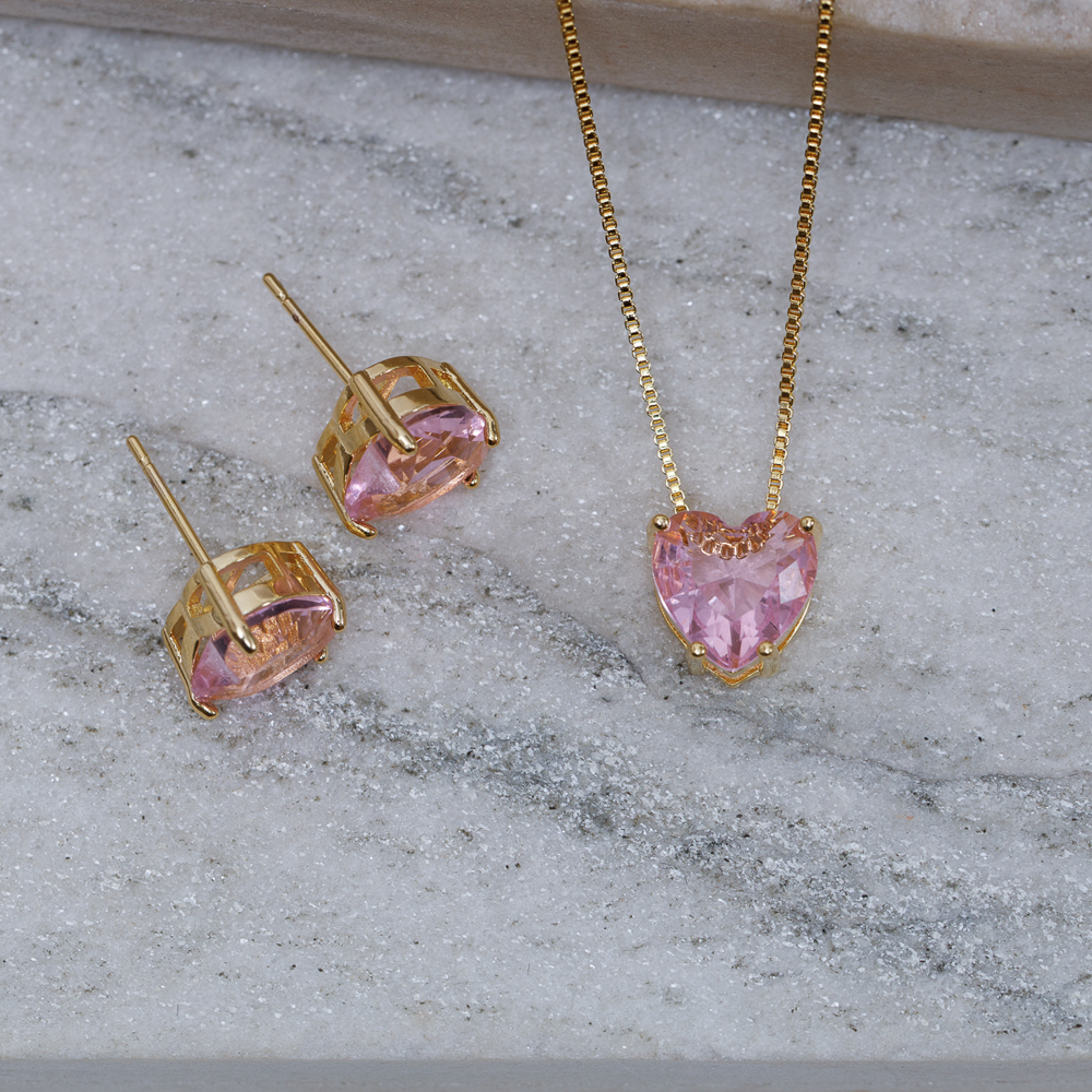 CONJUNTO CORAÇÃO PONTO DE LUZ ROSA CLARO BANHO OURO 18K