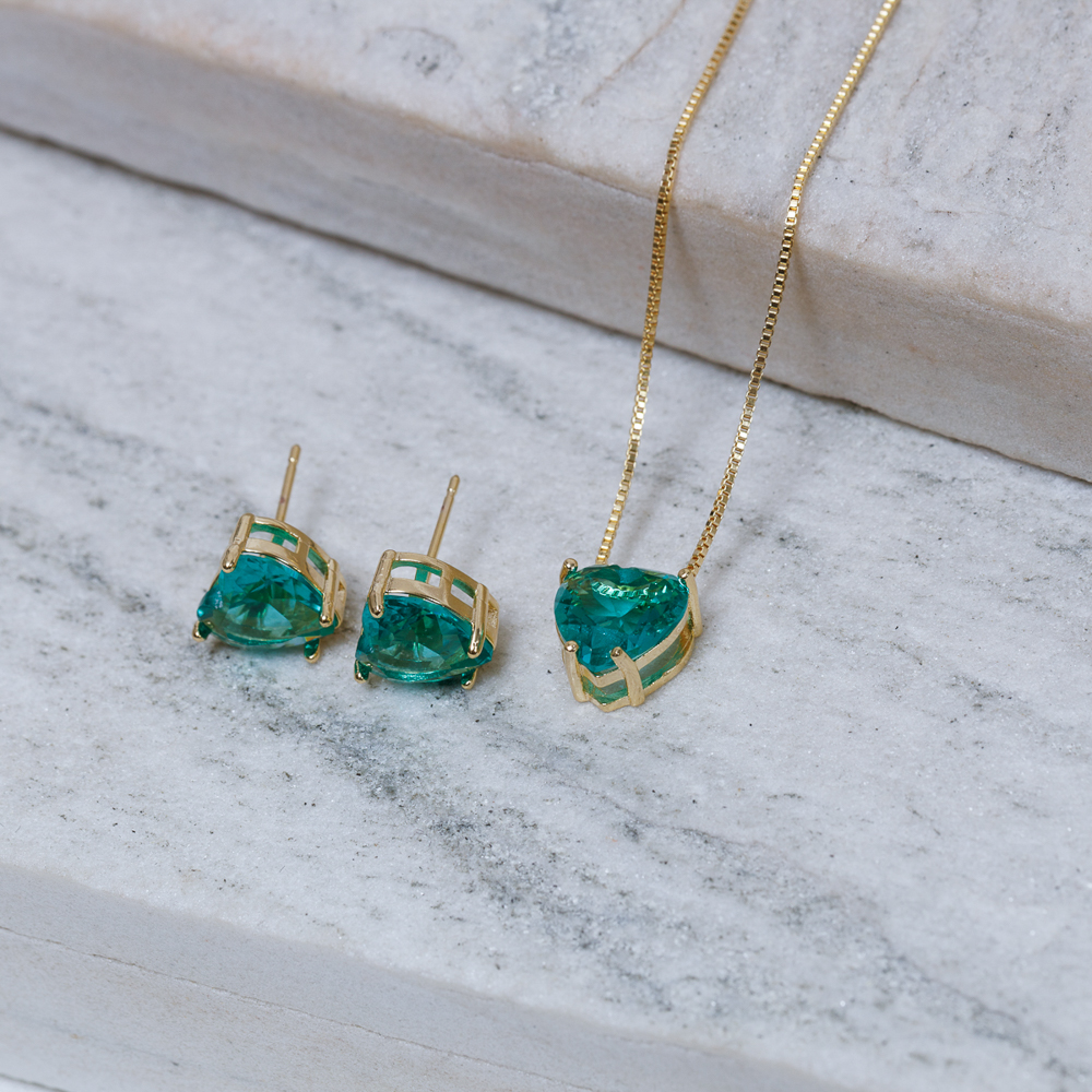 CONJUNTO CORAÇÃO PONTO DE LUZ VERDE TURQUESA BANHO OURO 18K
