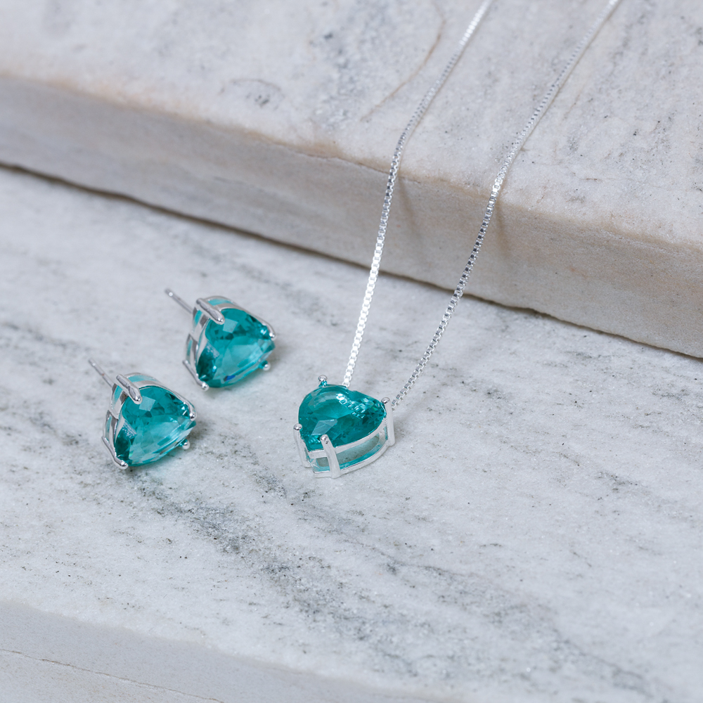 CONJUNTO CORAÇÃO PONTO DE LUZ VERDE TURQUESA BANHO PRATA