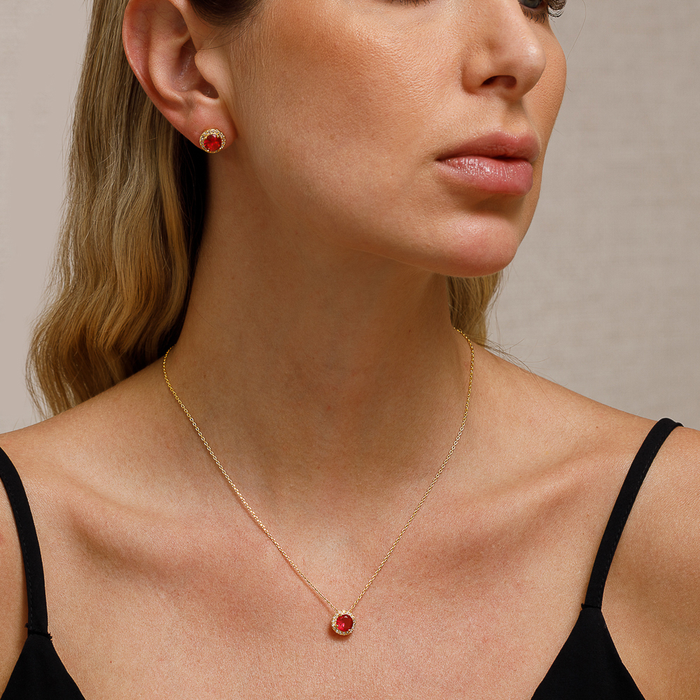 CONJUNTO PONTO DE LUZ VERMELHO RUBI BANHO OURO 18K