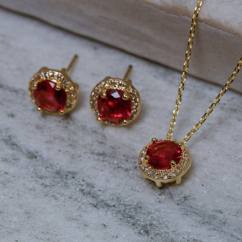 CONJUNTO PONTO DE LUZ VERMELHO RUBI BANHO OURO 18K