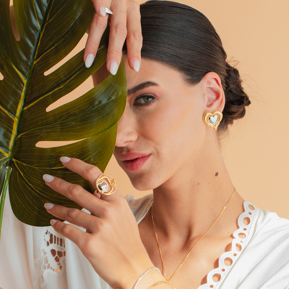 CONJUNTO FLOR DE MAGNÓLIA COM RÓDIO BRANCO BANHO OURO 18K