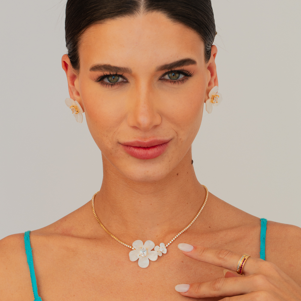 CONJUNTO FLOR LÍRIO BRANCO BANHO OURO 18K