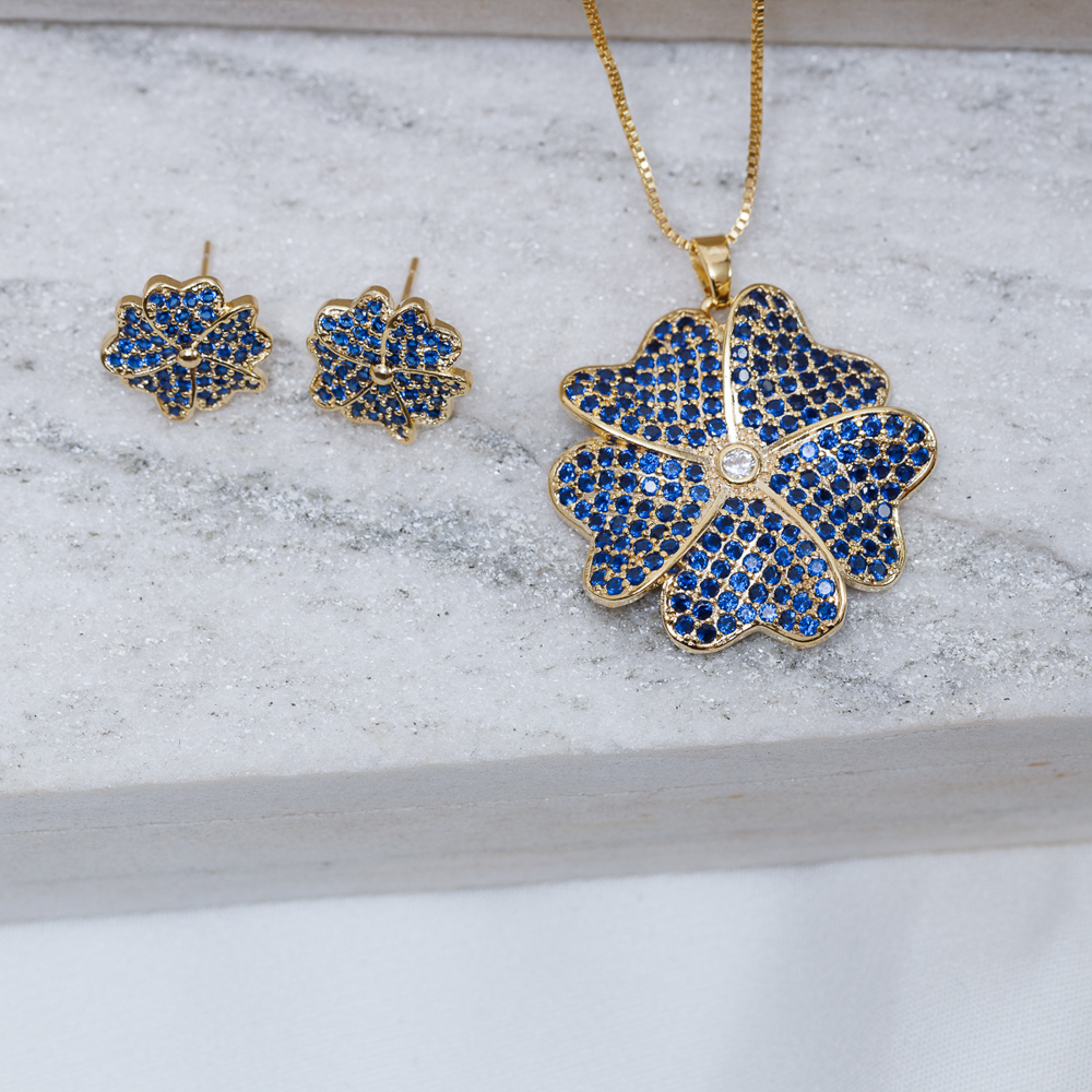 CONJUNTO FLOR ZIRCÔNIA AZUL ROYAL BANHO OURO 18K