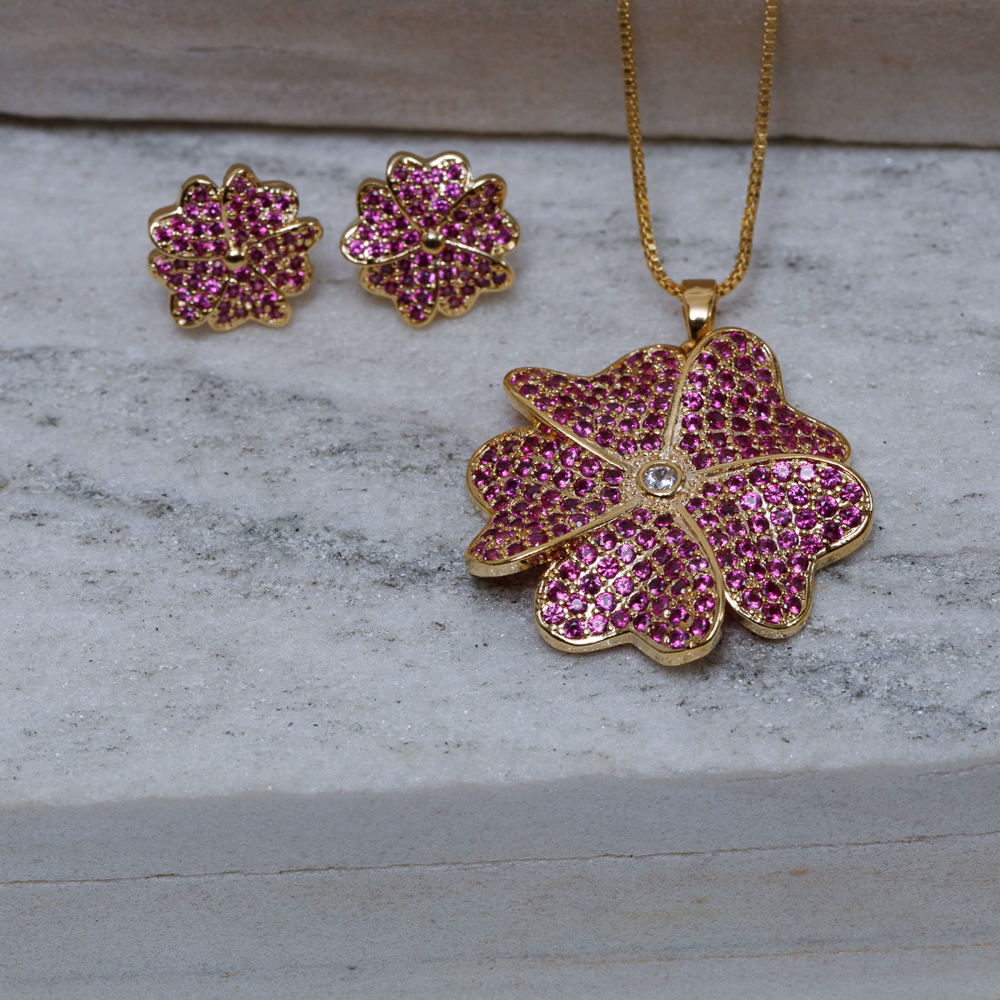 CONJUNTO FLOR DE AZALÉIA PINK BANHO OURO 18K